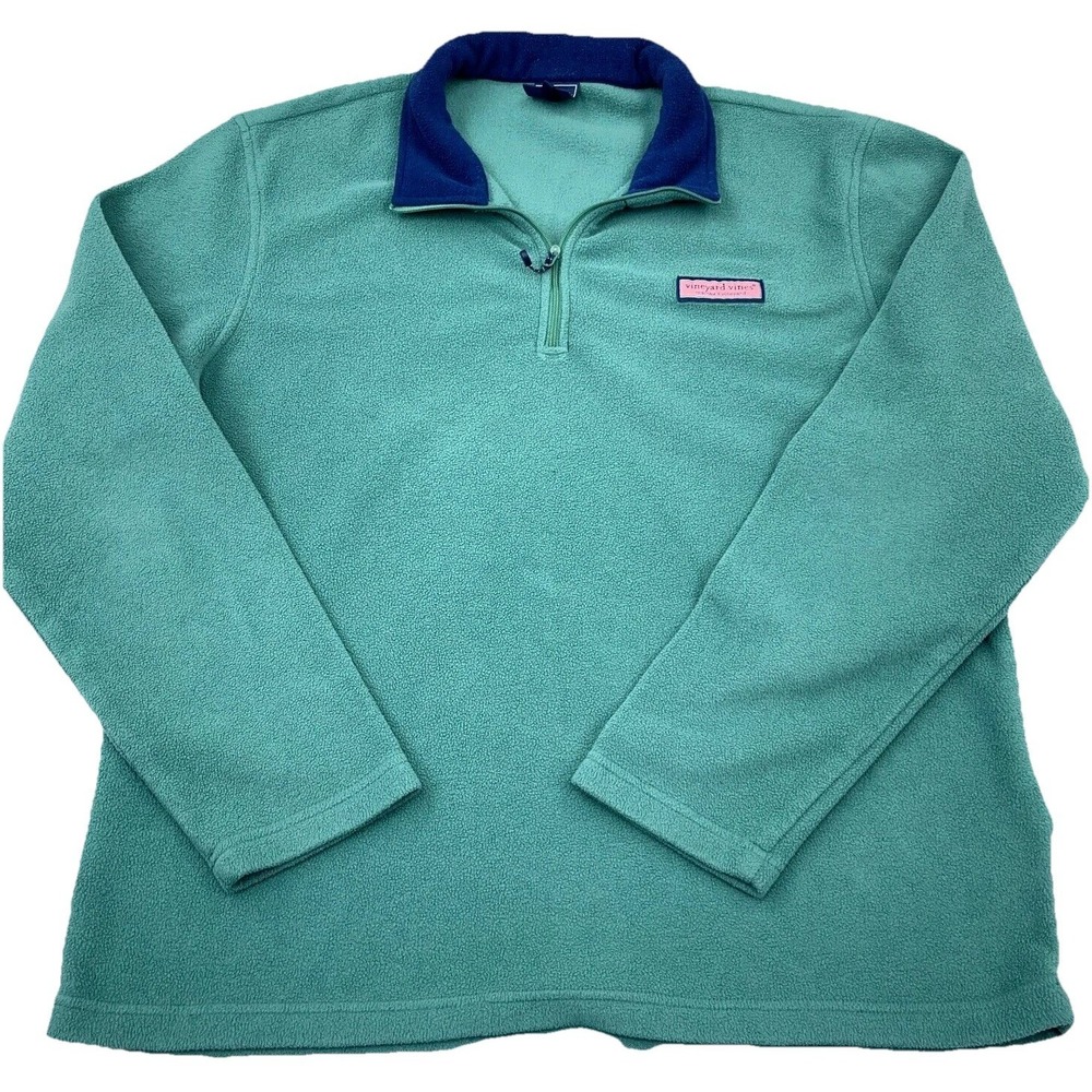 Vineyard Vines Sweater Men Large Green Blue Fleece Pullover Sweatshirt 1/4 Zip *